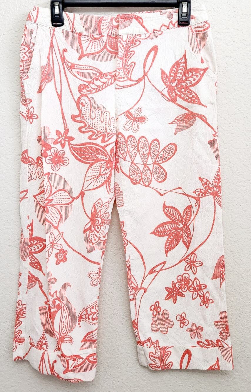Suzette Cream Orange Embozzed Floral Print Cropped Pants 8 Lightweight Pockets